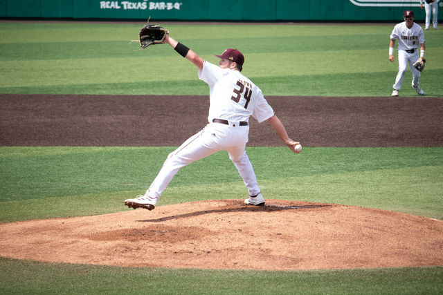 Texas State senior pitcher Drayton Brown (34) pitches the ball against Appalachian State, Saturday, March 16, 2024, at Bobcat Ballpark.