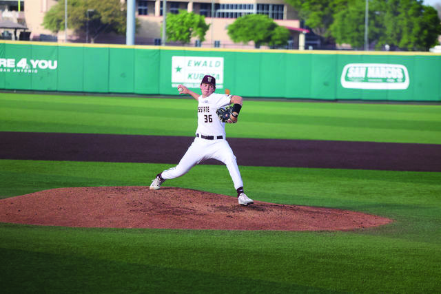 Texas State sophomore right-handed pitcher Sam Hall (36) throws the ball during the game against Louisiana-Lafayette, Friday, March 29, 2024, at Bobcat Ballpark.