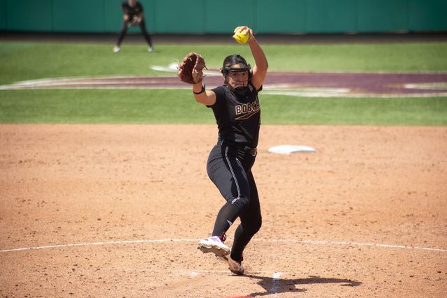 Texas State freshman pitcher Madison Azua (22) goes to throw the ball during the game against Louisiana-Lafayette, Saturday, April 13, 2024, at Texas State Softball Complex.