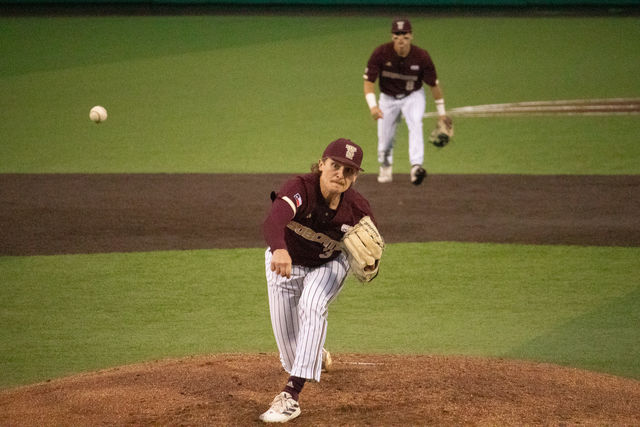 Texas State senior pitcher Cameron Bush (3) pitches the ball during the game against UTSA, Tuesday, March 19, 2024, at Bobcat Ballpark
