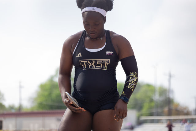 Texas State sophomore thrower Utitofon Sam prepares to make her throw in the women’s discus event during the Charles Austin Classic, Saturday, March 23, 2024, at Texas State Track & Field Complex.