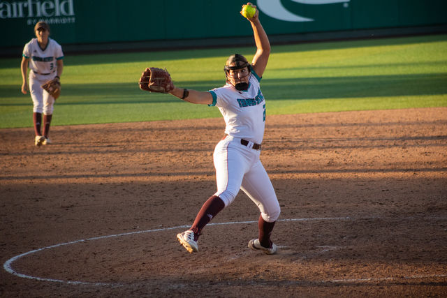 Texas State freshman pitcher Madison Azua (22) throws the ball during the game against Baylor, Wednesday, April 3, 2024, at Texas State Softball Stadium.