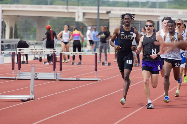 Texas State graduate student sprinter Daniel Harrold (11) competes in the Charles Austin Classic, Saturday, March 23, 2024, at the Texas State Track & Field Complex. 