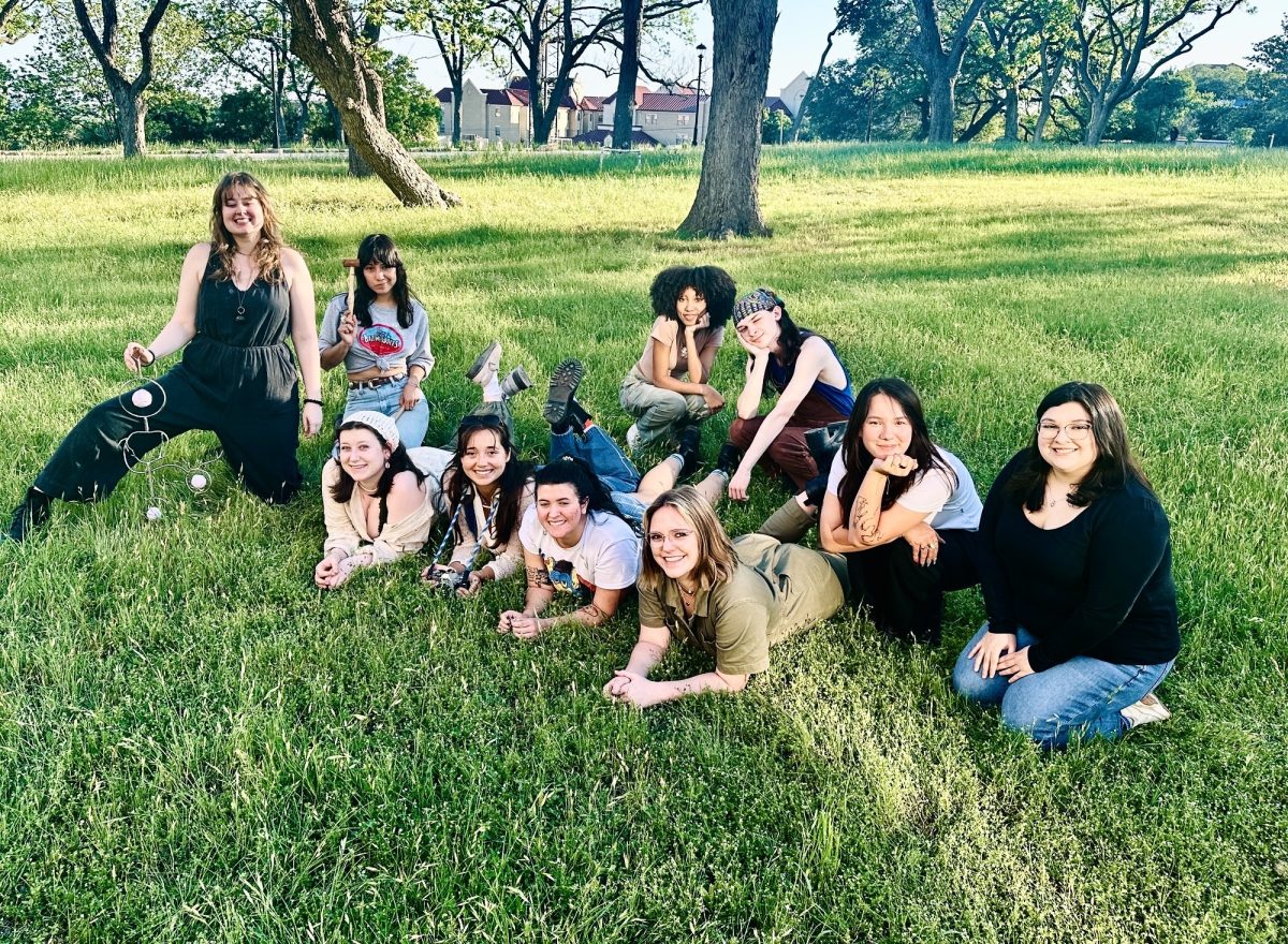 (Back: Left to Right) Keiran Greer, Mariela Lopez, Asia Estelle, Avery Michel, Gretchen Garlitos, Lauren Morales (Front: Left to Right) Halle Dillard, Mae Peacock, Lena Wilson-Martinez and Rachel Miller pose, Friday, April 12, 2024, at Texas State.