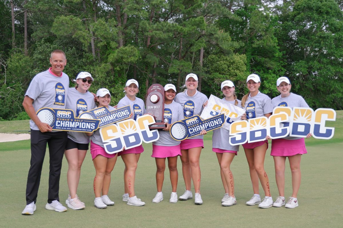 The Texas State womens golf team celebrates winning the Sun Belt Conference Championship, Thursday, April 18, 2024, at the Lakewood Club in Point Clear, Alabama.