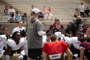 Texas State Head Coach G.J. Kinne addresses the team after the maroon and gold game, Saturday, April 13, 2024, at Bobcat Stadium. 