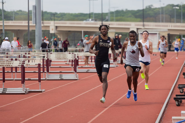 Texas State graduate student sprinter Daniel Harrold competes in the men's 100-meter dash event during at the Charles Austin Classic, Saturday, March 23, 2024 at the Texas State Track & Field Complex.