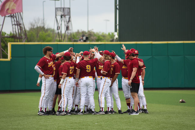 The Texas State baseball team huddles together before the game against Louisiana-Lafayette, Saturday, March 30, 2024, at Bobcat Ballpark.