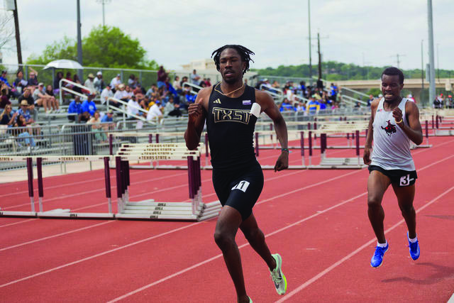 Texas State graduate student sprinter Daniel Harold (11) competes in the men's 100-meter dash event at the Charles Austin Classic, Saturday, March 23, 2024, at the Texas State Track and Field Complex. 
