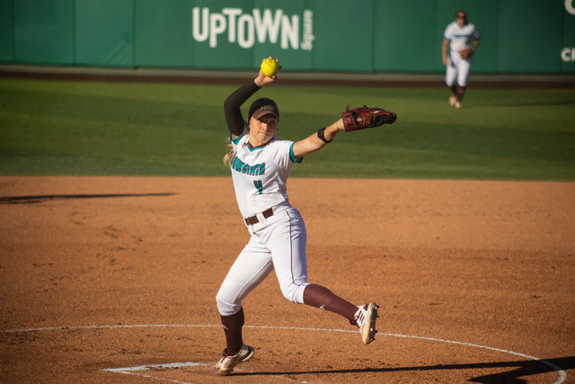 Texas+State+senior+pitcher+Jessica+Mullins+%284%29+pitches+the+ball+during+the+game+against+No.+21+Baylor%2C+Wednesday%2C+April+3%2C+2024%2C+at+Bobcat+Softball+Stadium.