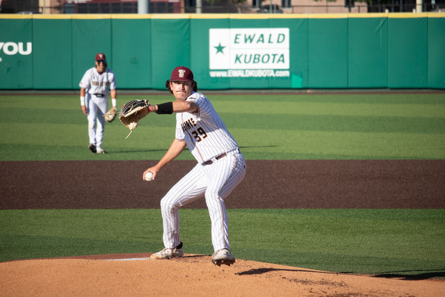Texas State senior pitcher Tony Robie (39) pitches the ball against #3 Texas A&M, Tuesday, April 2, 2024, at Bobcat Ballpark.