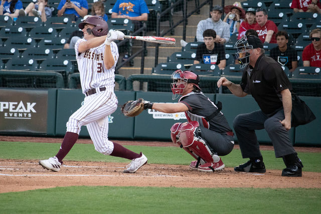 Texas State freshman infielder Ryne Farber (31) swings his bat during the game against Washington State, Sunday, Feb. 25, 2024, at Dell Diamond in Round Rock, Texas.