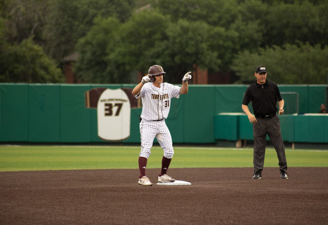 Texas State freshman infielder Ryne Farber (31) celebrates advancing it to second base during the game against South Alabama, Friday, April 19th, 2024, at Bobcat Ballpark.