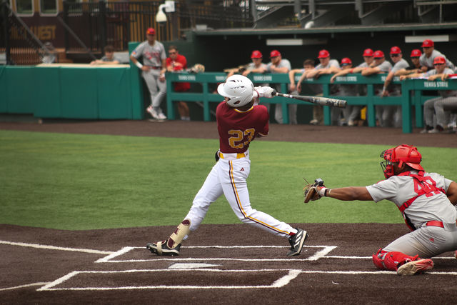 Texas State senior infielder Alec Patino (23) swings the bat during the game against Louisiana-Lafayette, Saturday, March 30, 2024, at Bobcat Ballpark.