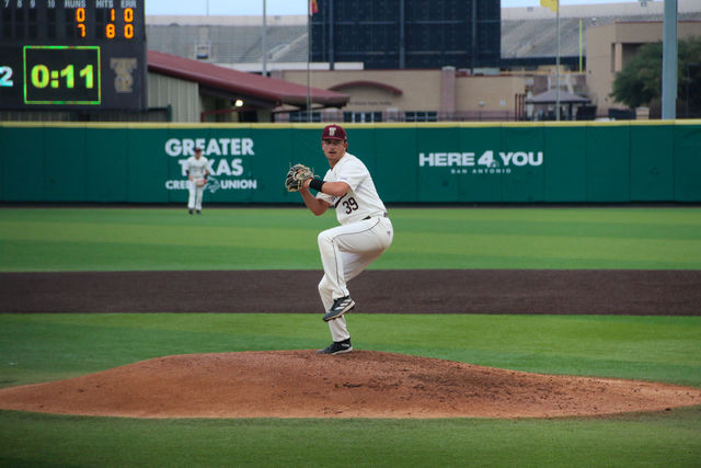 Texas State senior pitcher Tony Robie (39) prepares to pitch the ball during the game against Incarnate Word, Tuesday, April 23, 2024, at Bobcat Ballpark.