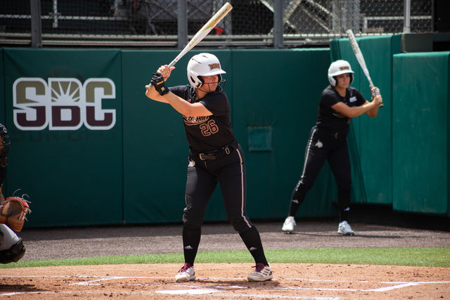 Texas State graduate student infielder Sara Vanderford (26) steps up to the plate to bat during the game against Louisiana-Lafayette, Saturday, April 13, 2024, at Bobcat Softball Stadium.