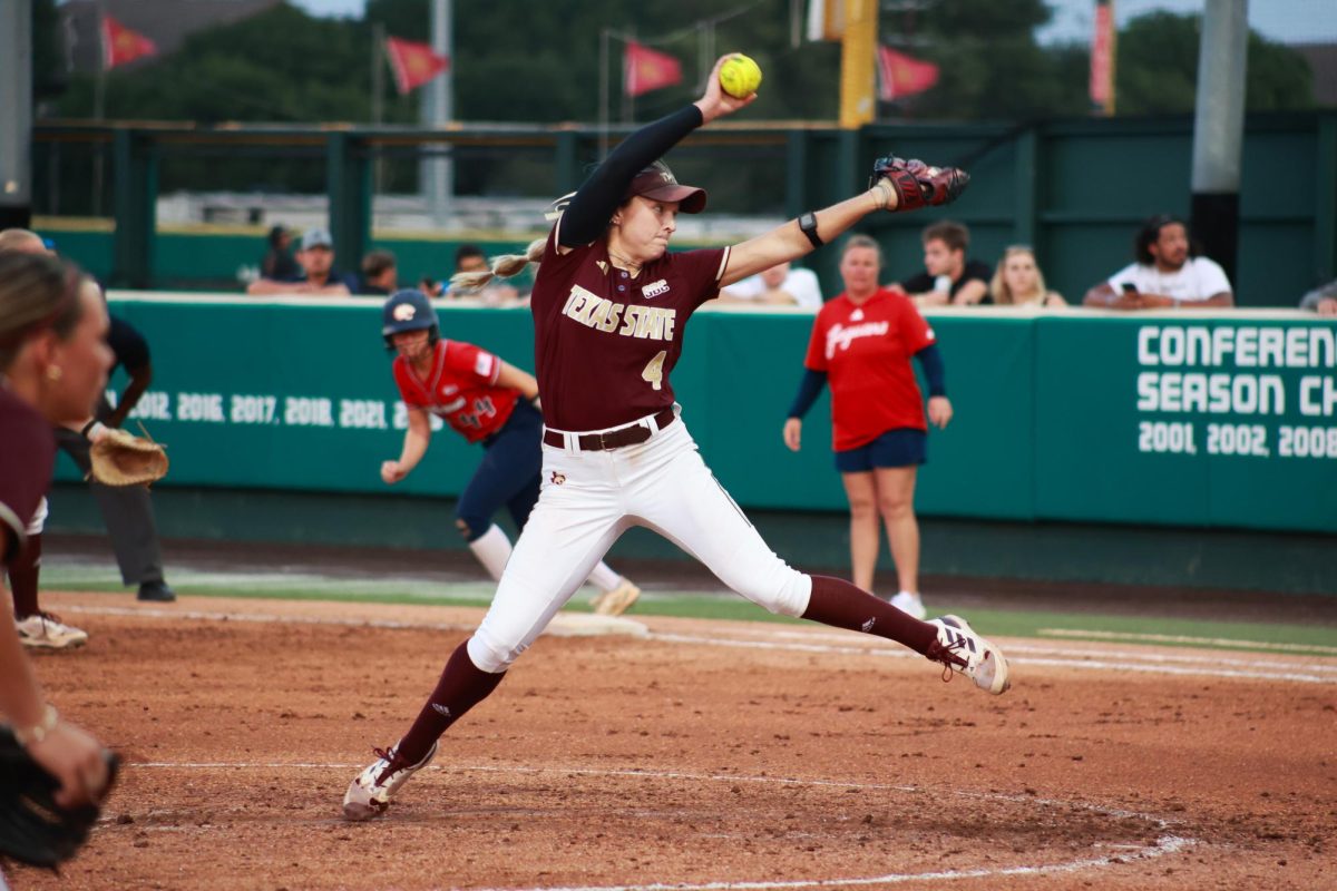 Texas State senior pitcher Jessica Mullins (4) pitches the ball during the Sun Belt Conference semifinals game against South Alabama, Friday, May 10, 2024, at Bobcat Softball Stadium.