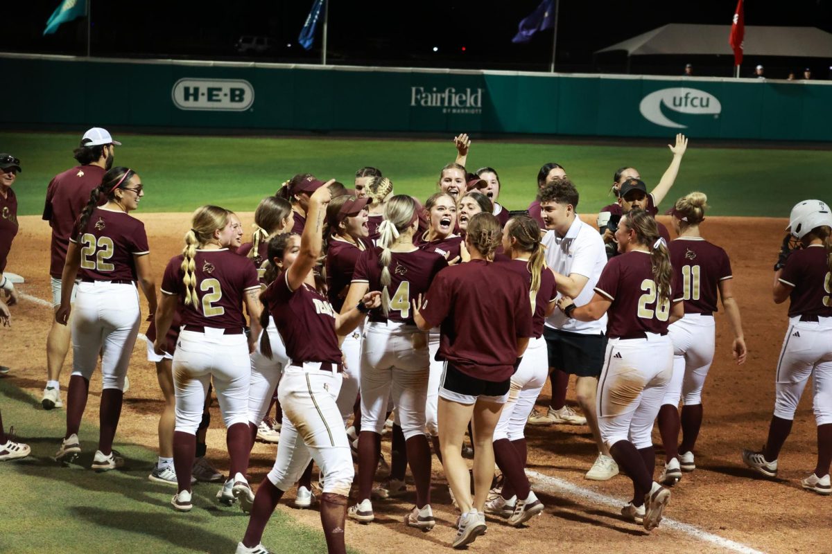 Texas State softball celebrates the win over South Alabama in the Sun Belt Conference tournament semifinals, Friday, May 10, 2024, at Bobcat Softball Stadium.