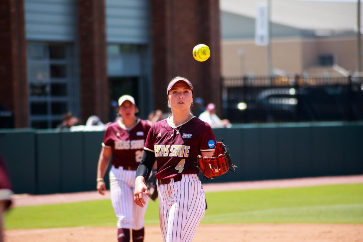 Texas State senior pitcher Jessica Mullins (4) receives the ball back from the catcher during the game against Texas A&M in the NCAA Regionals tournament, Saturday, May 18, 2024, at Davis Diamond in College Station, Texas.