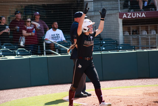 Texas State sophomore utility Sydney Harvey (9) celebrates scoring a run during the game against Penn State at the NCAA Regionals Tournament, Friday, May 17, 2024, at Davis Diamond in College Station, Texas. 