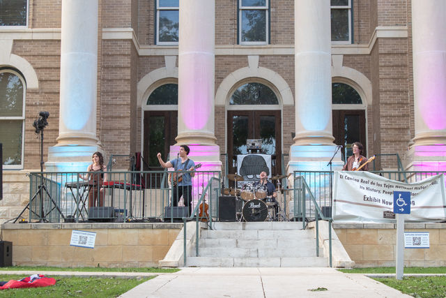 Indie-band, The Homily, performs for the crowd at Music on the Square, Friday, May 10, 2024, outside Hays County Historic Courthouse.