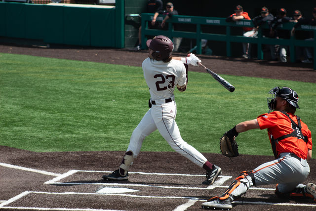 Texas State senior infielder Alec Patino (23) swings to hit the ball during the game against Sam Houston, Sunday, March 10, 2024, at Bobcat Ballpark.
