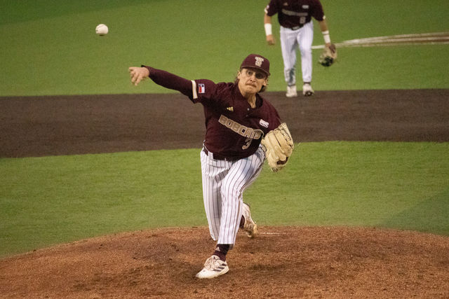 Texas State senior pitcher Cameron Bush (3) pitches the ball during the game against UTSA, Tuesday, March 19, 2024, at Bobcat Ballpark. 