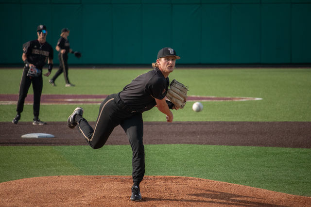 Texas State senior pitcher Cameron Bush (3) pitches the ball during the game against Troy, Friday, May 10, 2024, at Bobcat Ballpark.