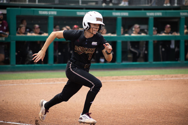 Texas State senior utility Hannah Earls (3) runs to first during the game against Louisiana-Lafayette, Saturday, April 13, 2024, at Texas State Softball Complex.