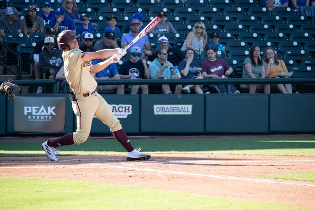 Texas State freshman infielder Ryne Farber (31) hits the ball, Saturday, Feb. 24, 2024, at the Dell Diamond in Round Rock, Texas.  