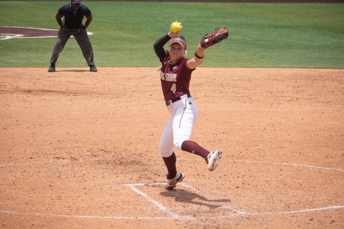 Texas State senior pitcher Jessica Mullins (4) pitches the ball during the Sun Belt Conference tournament quarterfinals game against Marshall, Friday, May 10, 2024, at Bobcat Softball Stadium.