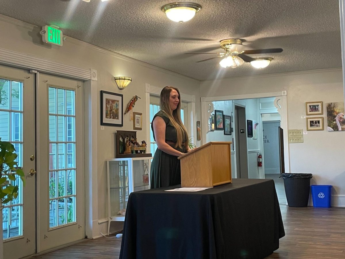 President of the Seaton Foundation Rachel Medina delivers inspiring closing remarks, Tuesday, April 30, 2024, at the 10th Annual Internship Graduation Reception.
