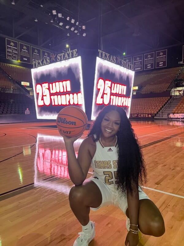 Former Texas State forward Lauryn Thompson poses for a photo during media day, October 12, 2022, at Strahan Arena.