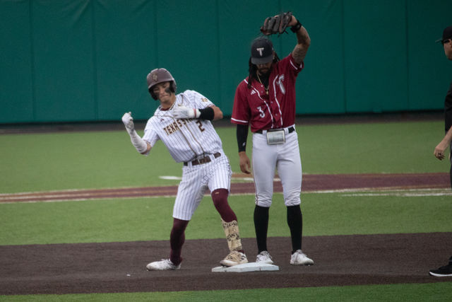 Texas State sophomore second baseman Chase Mora (2) celebrates hitting a double against Troy, Saturday, May 11, 2024, at Bobcat Ballpark.
