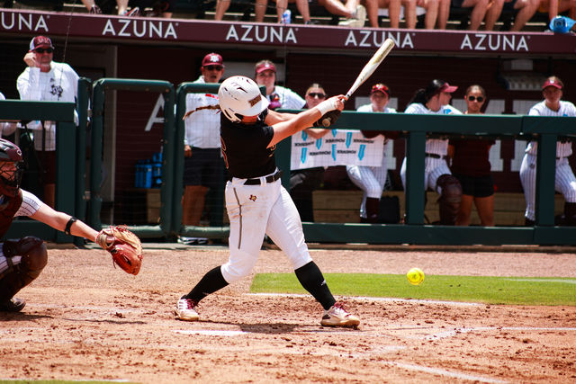 Texas State graduate student Sara Vanderford (26) hits the ball during the game against Texas A&M at the NCAA Regionals championship game, Sunday, May 19, 2024, at Davis Diamond in College Station, Texas.