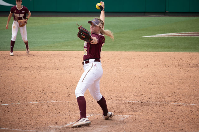 Texas State graduate student pitcher Tori McCann (15) pitches the ball in the quarterfinal round game of the Sun Belt conference tournament against Marshall, Friday, May 10. 2024, at Bobcat Softball Stadium.
