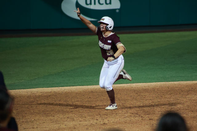 Texas State sophomore utility Katarina Zarate (28) celebrates the game-winning home run during the Sun Belt conference semifinal game against South Alabama, Friday, May 10, 2024, at Texas State Softball Stadium.
