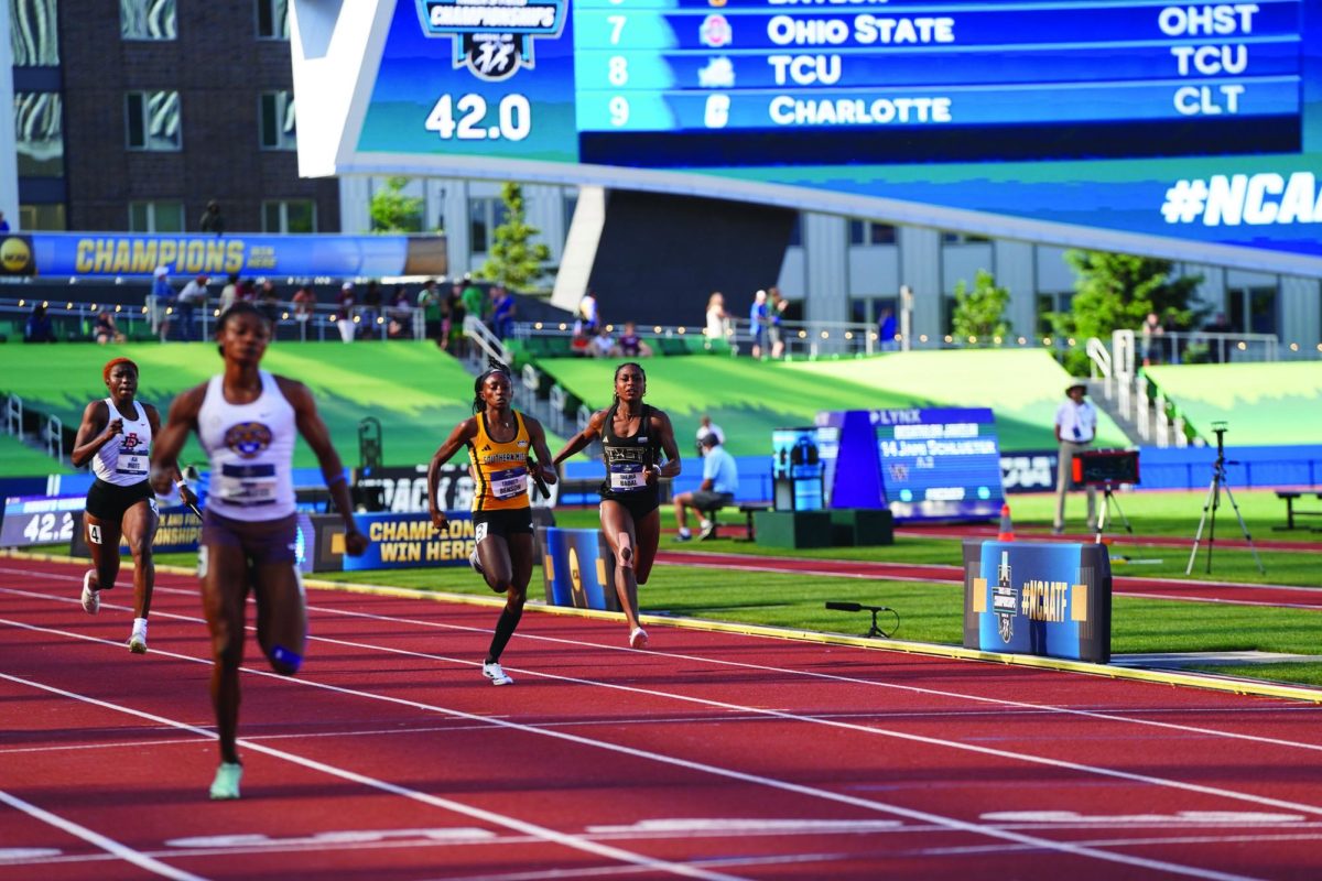 Texas State sophomore sprinter Taejha Badal competes in the womens 4x100 relay event at the NCAA Outdoor Championships, Saturday, June 8, 2024, at Hayward Field in Eugene, Oregon. 