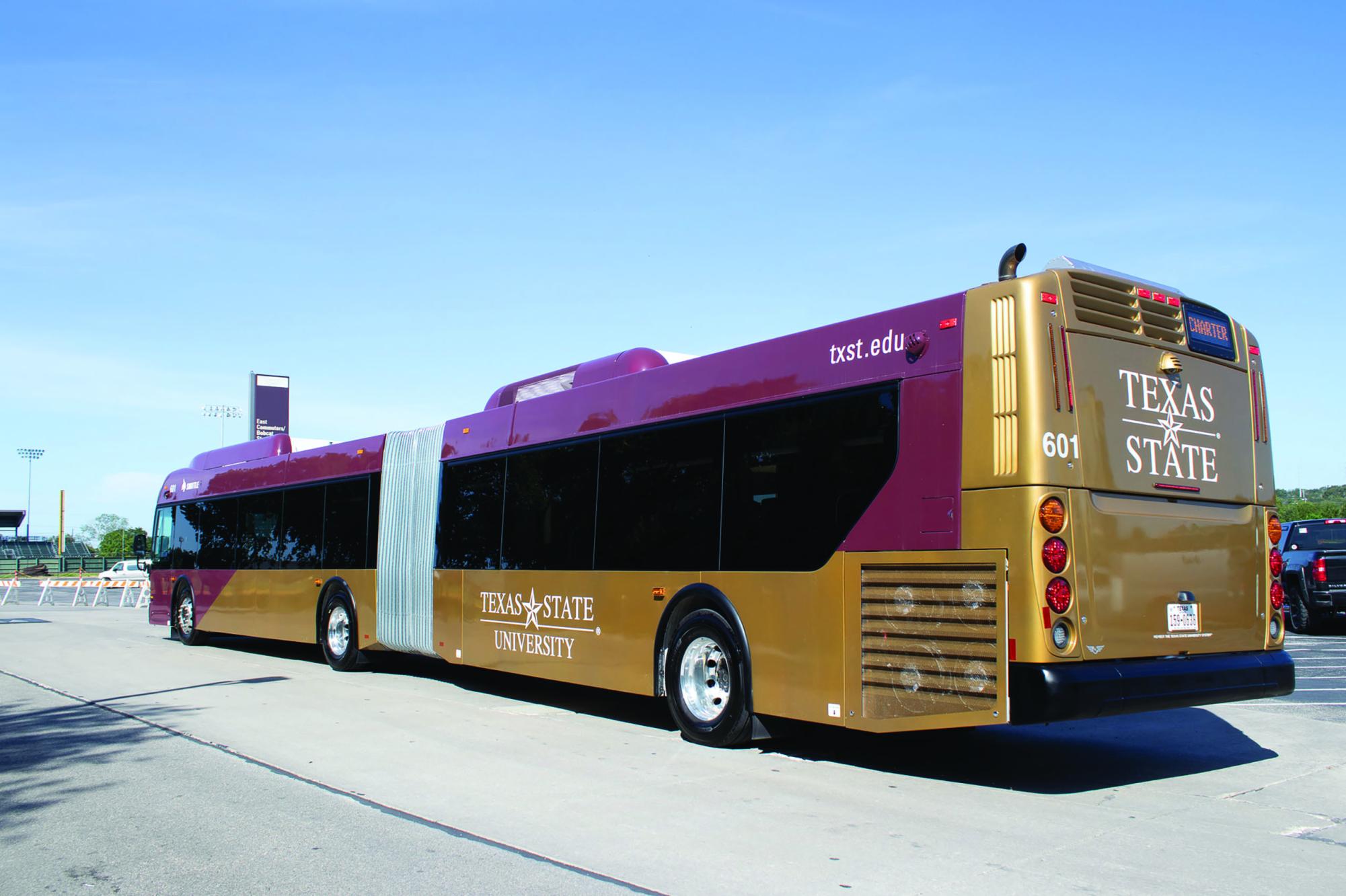 The new articulated 60-foot bus makes a routine stop at UFCU Stadium, Tuesday, Aug. 20, 2024, in San Marcos.