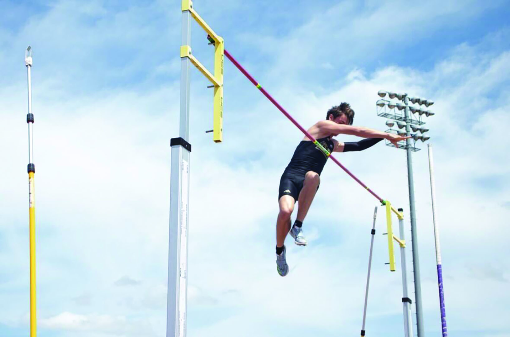 Texas State freshman multis Easton Hammond competes in the men's high jump event during the Bobcat Invitational, Friday, March. 29, 2024, at the Texas State Track and Field Complex.