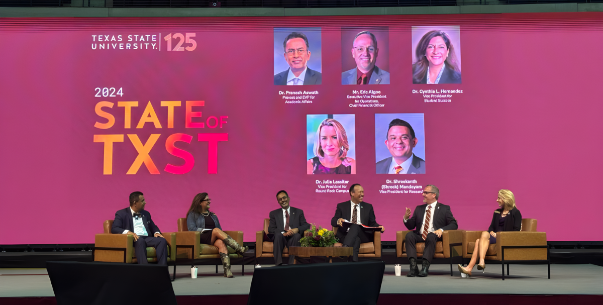 (From left to right) Vice President for Research Shreekanth Mandayam, Vice President for Student Success Cynthia Hernandez, Provost Pranesh Aswath, President Kelly Damphousse, Chief Financial Officer Eric Algoe and Vice President of Texas State Round Rock Julie Lessiter discuss future of the university at State of Texas State speech Friday, Aug. 23 at University Events Center.