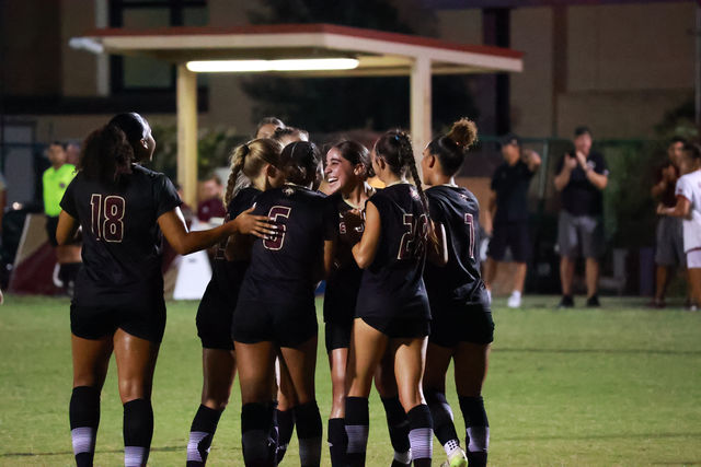 The Texas State soccer team celebrates forward freshman Sydney Bassa's (20) goal during the game against Incarnate Word, Sunday, Aug. 25, 2024, at Bobcat Soccer Complex.