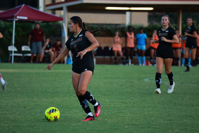 Texas State midfielder fifth year student Mya Ulloa (8) directs her teammates on the field during the game against Incarnate Word, Sunday, Aug. 25, 2024, at Bobcat Soccer Complex.