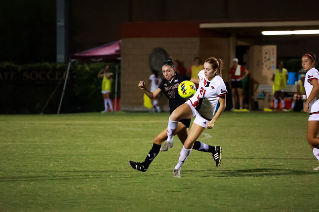 Texas State defender senior Kennley Bradley (12) kicks the ball during the game against Incarnate Word, Sunday, Aug. 25, 2024, at Bobcat Soccer Complex.