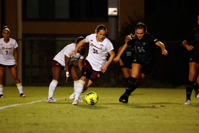 Texas State junior defender Marie Philipzen (31) fights for possession of the ball during the game against Marshall, Thursday, Sept. 26, 2024, at Bobcat Soccer Complex.