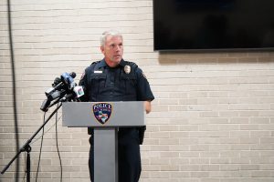 San Marcos Police Department Police Chief Stan Standridge talks at a press conference about the false shooter threat, Wednesday, Sept. 25, 2024, at the San Marcos Police Department Auditorium.