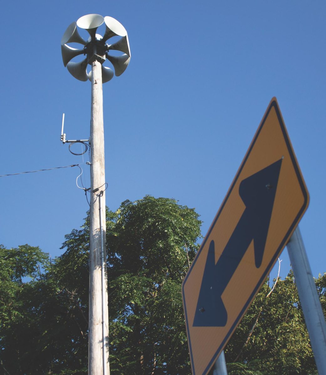 The outdoor warning sirens sits on Mill Street, Tuesday, Aug. 20, 2024, in San Marcos.




