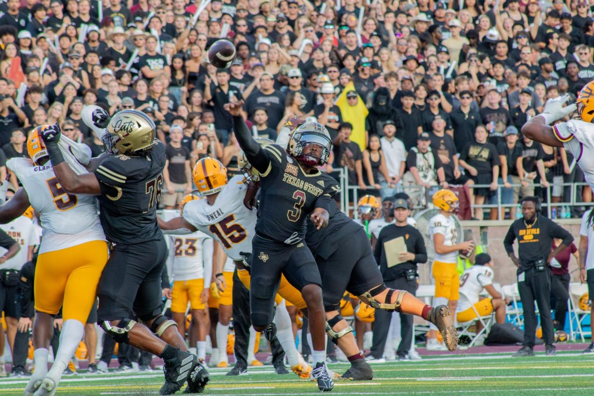 Texas State senior quarterback Jordan McCloud (3) throws a touchdown pass during the game versus Arizona State, Thursday, Sept. 12, 2024, at UFCU Stadium.