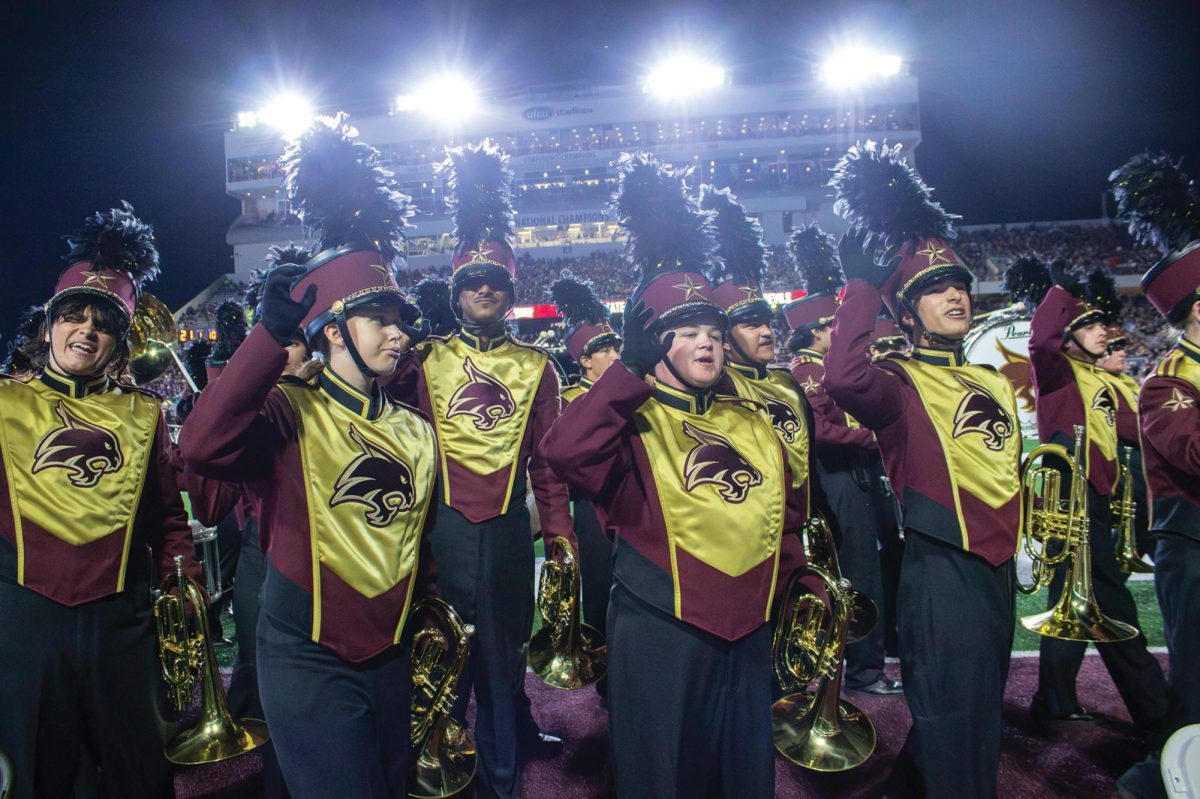 The Texas State marching band marches off the field following its halftime performance during the game versus Arizona State, Thursday, Sept. 12, 2024, at UFCU Stadium. Bobcats lost 28-31.