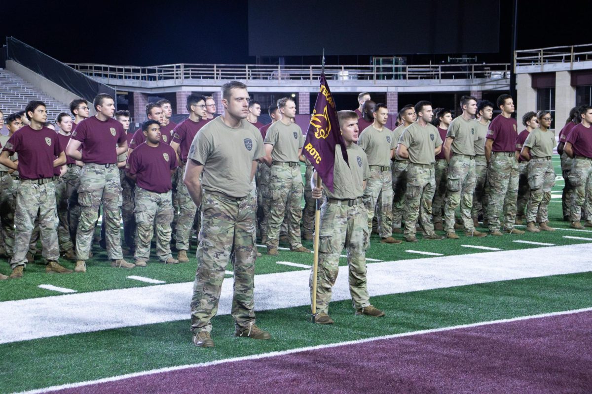 Texas State Army ROTC stands at attention before the stair climb memorial for first responders on 9/11 Wednesday, Sept. 11, 2024 at UFCU.